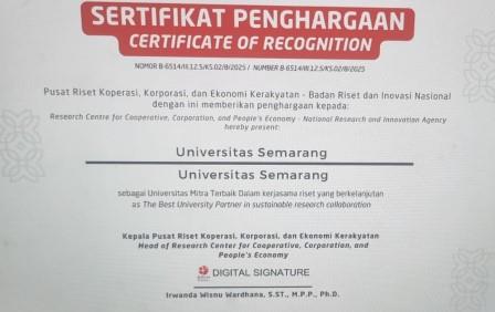 LPPM USM Raih Penghargaan Mitra Kolaborasi Terbaik 2025 dari Pusat Riset Koperasi, Korporasi, dan Ekonomi Kerakyatan BRIN