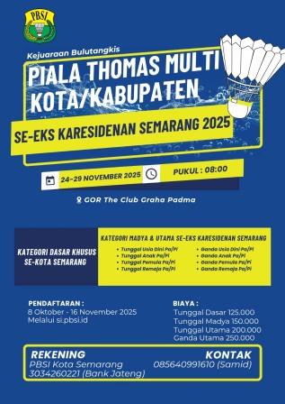 Pengkot PBSI Semarang Gelar Kejuaraan Piala Thomas Multi-Kota/Kabupaten